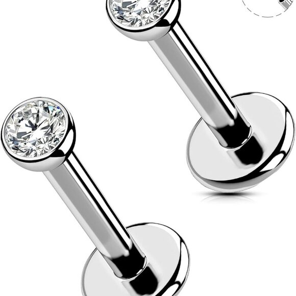 2Pcs 20G/18G/16G G23 Titanium Threadless Nose Stud Earrings Flat Back Tiny CZ Sm - Picture 1 of 9